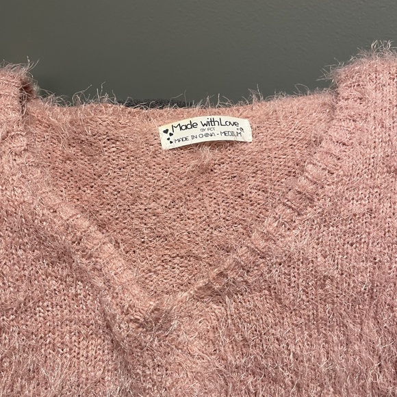 Fuzzy Pink V-Neck Sweater - Picture 4 of 4